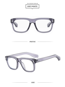 Vues détaillées de face et de profil de lunettes de soleil carrées gris transparentes