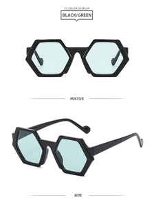 Close-up of hexagonal black frame sunglasses with contrast light green lenses in dual views