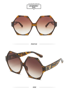 Detail view of hexagonal leopard print sunglasses with gradient tea lenses and metal hinges