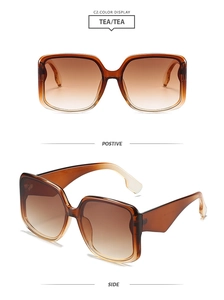 Front and side views of square oversized tea-colored gradient lens sunglasses
