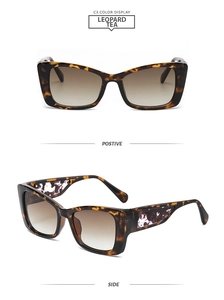Front and side view of leopard tea sunglasses with marble pattern on temples