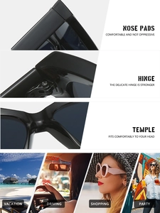 Detail view of square sunglasses showing durable hinges and non-slip nose pads for comfort