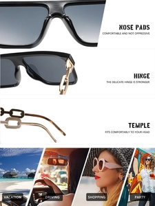 Detail view of square sunglasses with gold metal chain temples and nose pad design