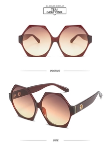 Detail view of hexagonal sunglasses with gradient tea lenses and gold temple accents