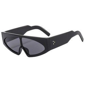 Futuristic shield sunglasses in black with unique golden dot temple details on white back