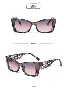 Detail view of purple marble sunglasses with gradient lenses and hollowed-out side temples