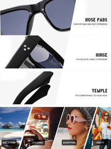 Détails de lunettes de soleil carrées avec rivets, plaquettes et branches larges