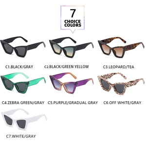 Detailed view of trendy cat-eye sunglasses in seven assorted colors and bold frame styles