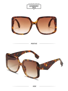 Detail view of square leopard print sunglasses with brown gradient lenses and side profile