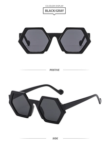 Front and side views of fashionable black hexagonal sunglasses with dark gray lenses