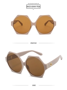 Detail view of rice gray hexagonal sunglasses with tea lenses and gold metal accents