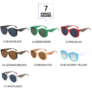 Matrix layout showing seven fashionable cat-eye sunglasses in various vibrant frame colors