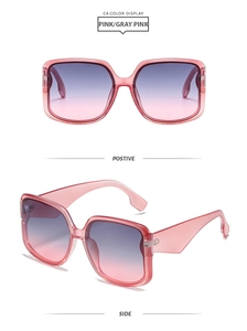 Detail of square pink sunglasses with gradient lenses in front and side views