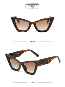 Macro view of leopard print cat eye sunglasses with brown gradient lenses and wide temples