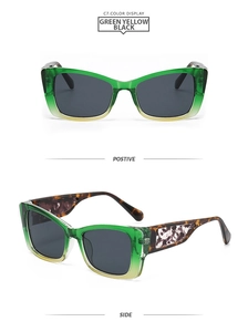Detailed front and side views of green-yellow gradient sunglasses with tortoiseshell temples