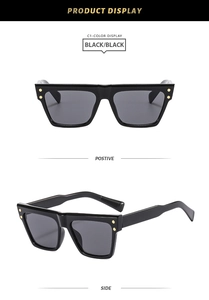 Detail showing front and side views of black square frame sunglasses with gold rivets