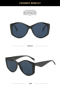 Detailed views of geometric oversized sunglasses in black frame with dark blue lenses