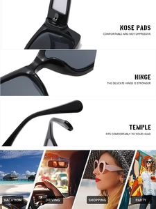 Detail view of comfortable nose pads and durable metal hinges on black fashion sunglasses