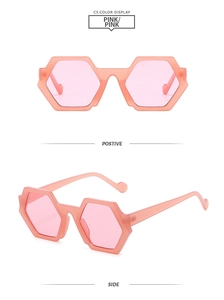 Front and side view of pink hexagonal sunglasses with lightweight plastic frames