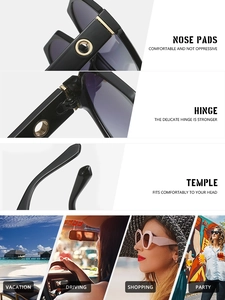 Detailed views of sunglasses hinges, nose pads and ergonomic temples in lifestyle settings