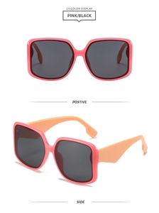 Front and side views of chunky square oversized sunglasses in pink and orange two-tone frame
