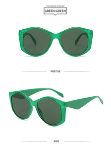 Front and side views of chunky green oversized polygon sunglasses with dark grey lenses