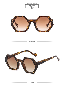 Detailed views of hexagonal tortoiseshell sunglasses with brown gradient lenses