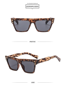 Front and side view of square leopard print sunglasses with gray lenses and gold rivets