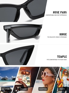 Detail view of cat-eye sunglasses featuring nose pads, durable hinges and lifestyle usage scenes