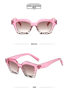 Detailed front and side view of cat eye sunglasses with pink frame and leopard pattern