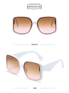 Detail view of white square frame sunglasses with tea pink gradient lenses from front and side