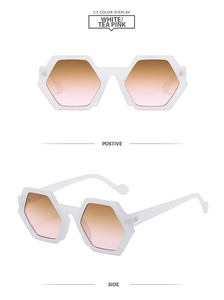Detailed front and side views of white hexagonal sunglasses with tea pink gradient lenses