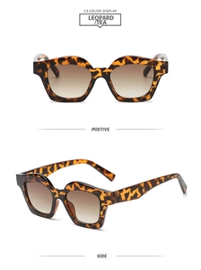 Detail view of leopard print chunky sunglasses with tea gradient lenses from two angles
