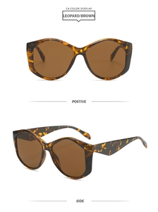 Detailed views of leopard print oversized sunglasses with brown lenses from front and side
