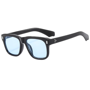 Fashionable black square frame sunglasses with light blue lenses and rivet details