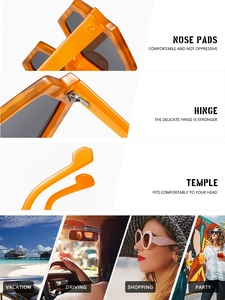 Detail of orange hexagon sunglasses featuring ergonomic nose pads and metal hinges