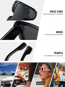 Detailed view of reinforced hinges, nose pads, and ergonomic temples on square sunglasses