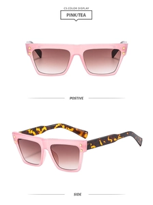 Detail view of pink square sunglasses with gradient tea lenses and leopard print temples