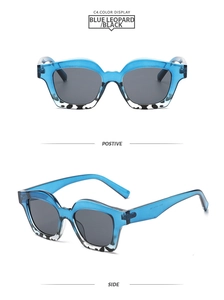 Front and side view of avant-garde blue leopard print cat-eye sunglasses with dark lenses