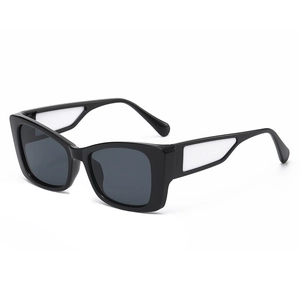 Modern cat-eye sunglasses with black frames and unique geometric white contrast temples