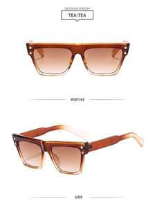 Macro detail of tea-colored square sunglasses frame with gradient lenses and C6 code