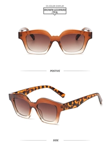 Front and side views of brown leopard print sunglasses with gradient tea lenses