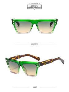 Detailed front and side view of oversized square green sunglasses with rivet accents