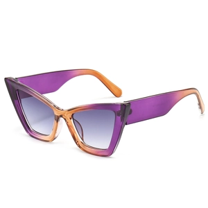 Chic cat eye sunglasses with purple and orange gradient frames on a white background