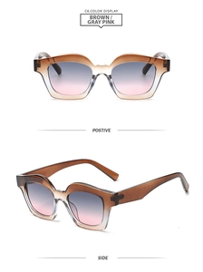 Front and side view of brown gradient oversized sunglasses with lip-shaped avant-garde frame