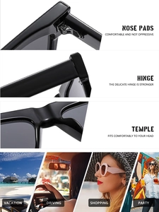 Close-up of durable hinges and comfortable nose pads on black square frame sunglasses