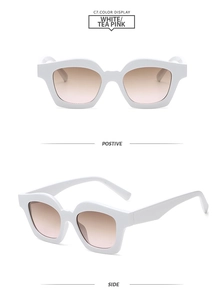 Detailed front and side view of oversized white square sunglasses with tea pink lenses