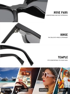 Detail of ergonomic nose pads, reinforced hinges, and stylish temples of black sunglasses