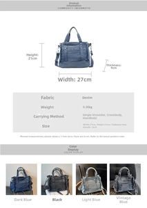 Detailed size chart and multi-color options for denim tote bag showing dimensions