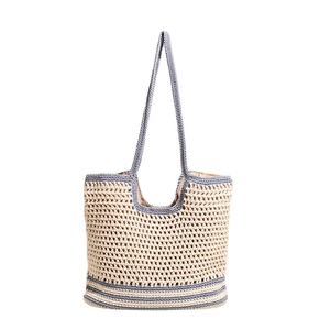 Grande borsa tote intrecciata a mano in crema e blu grigio per le vacanze estive